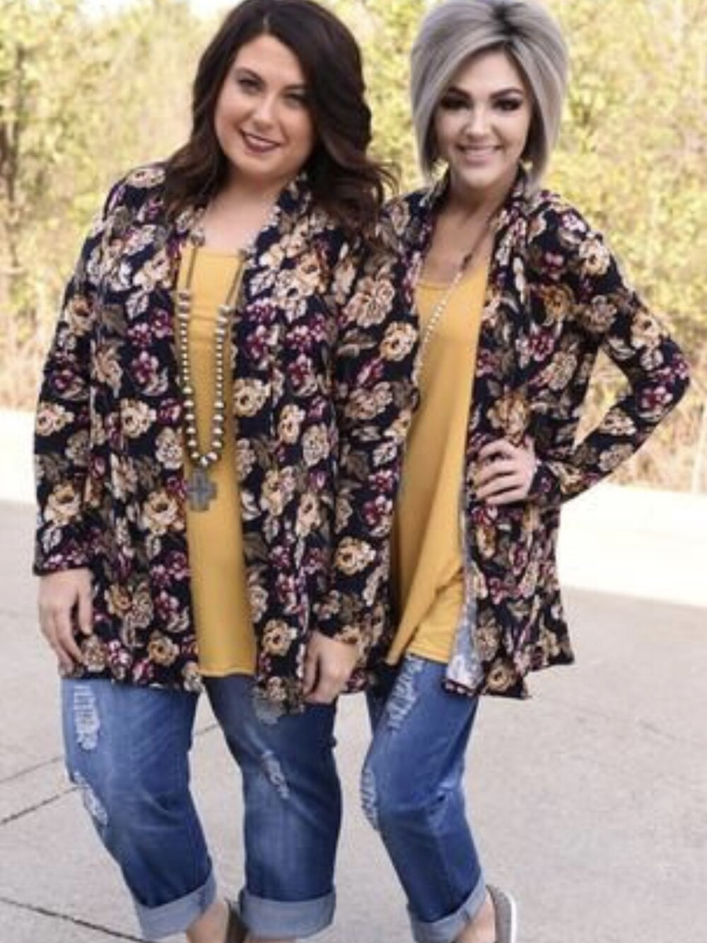 The ZigZag Stripe Open Front Floral Cardigan XL Black Mustard Yellow Rose Print